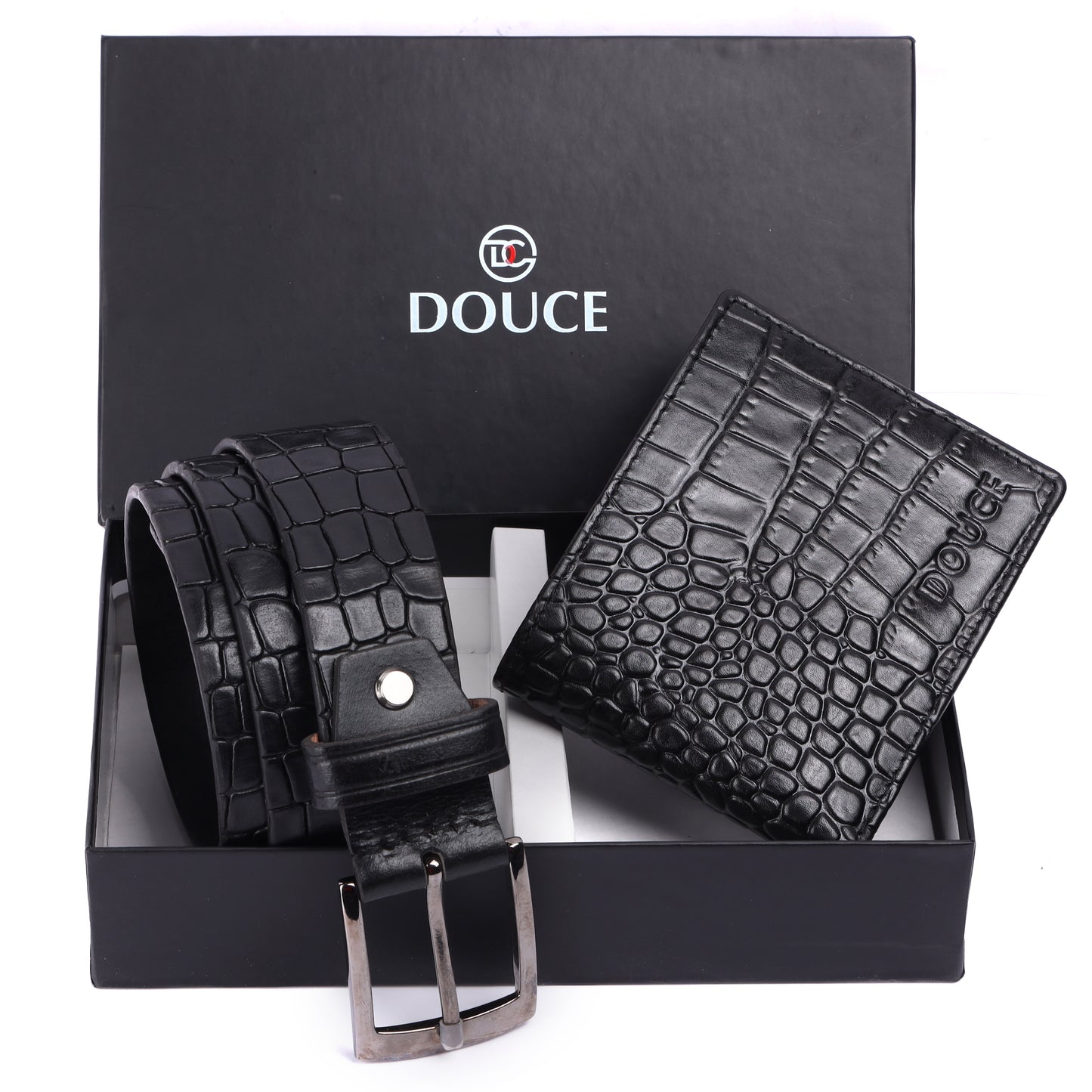 The Best gifts set for Men (Douce Premium Genuine Leather Belt & Wallet Combo) Black with Croco Print